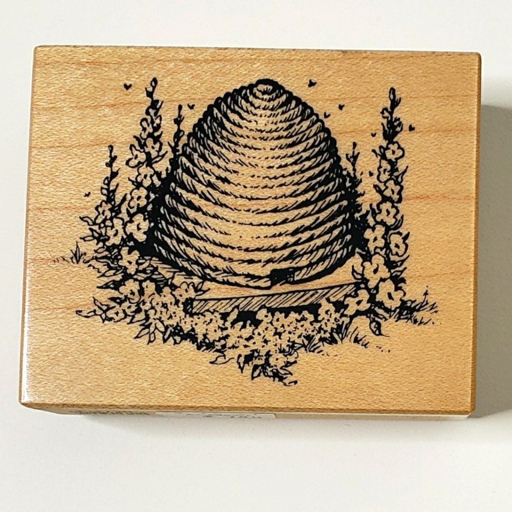 Wood Block Rubber Stamp Vintage Bee Skep Basket Flowers Made America USA